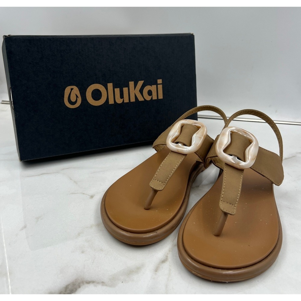 OluKai Sandals Womens 7 La'i T-Bar Tan Brown Slingback Marbled Buckle 20510-3434